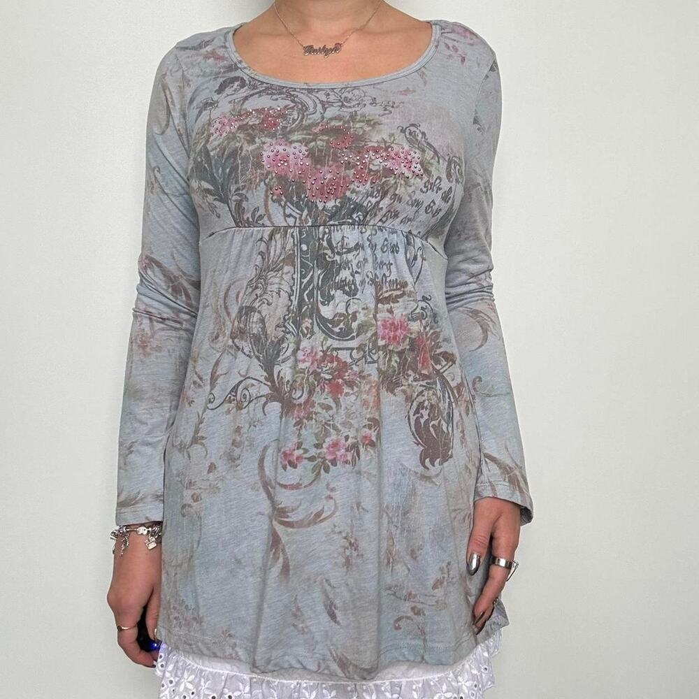 Unity Worldwide Grey Blue & Pink Floral Print Baby Doll Blouse